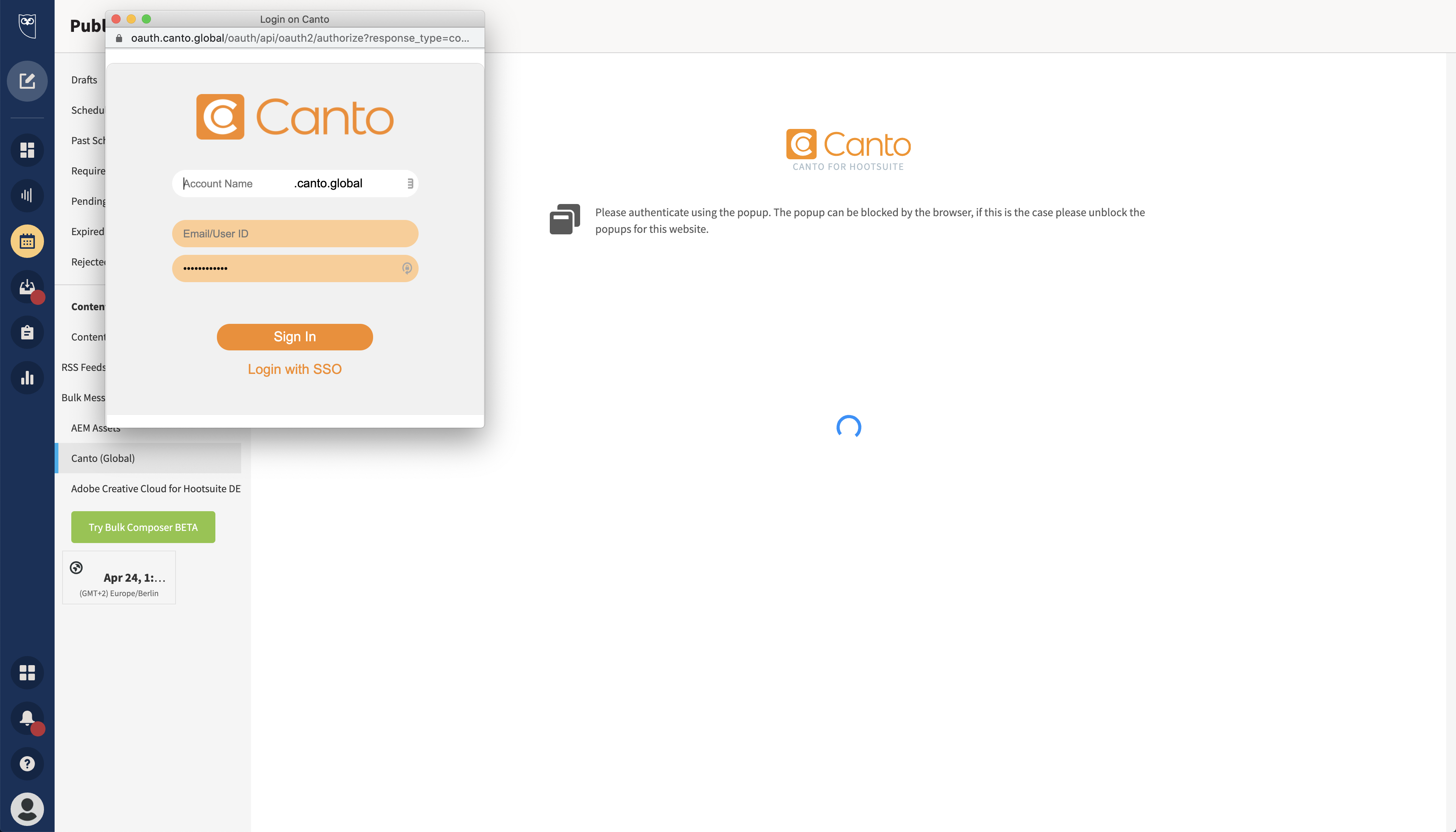 Enter credentials for Canto